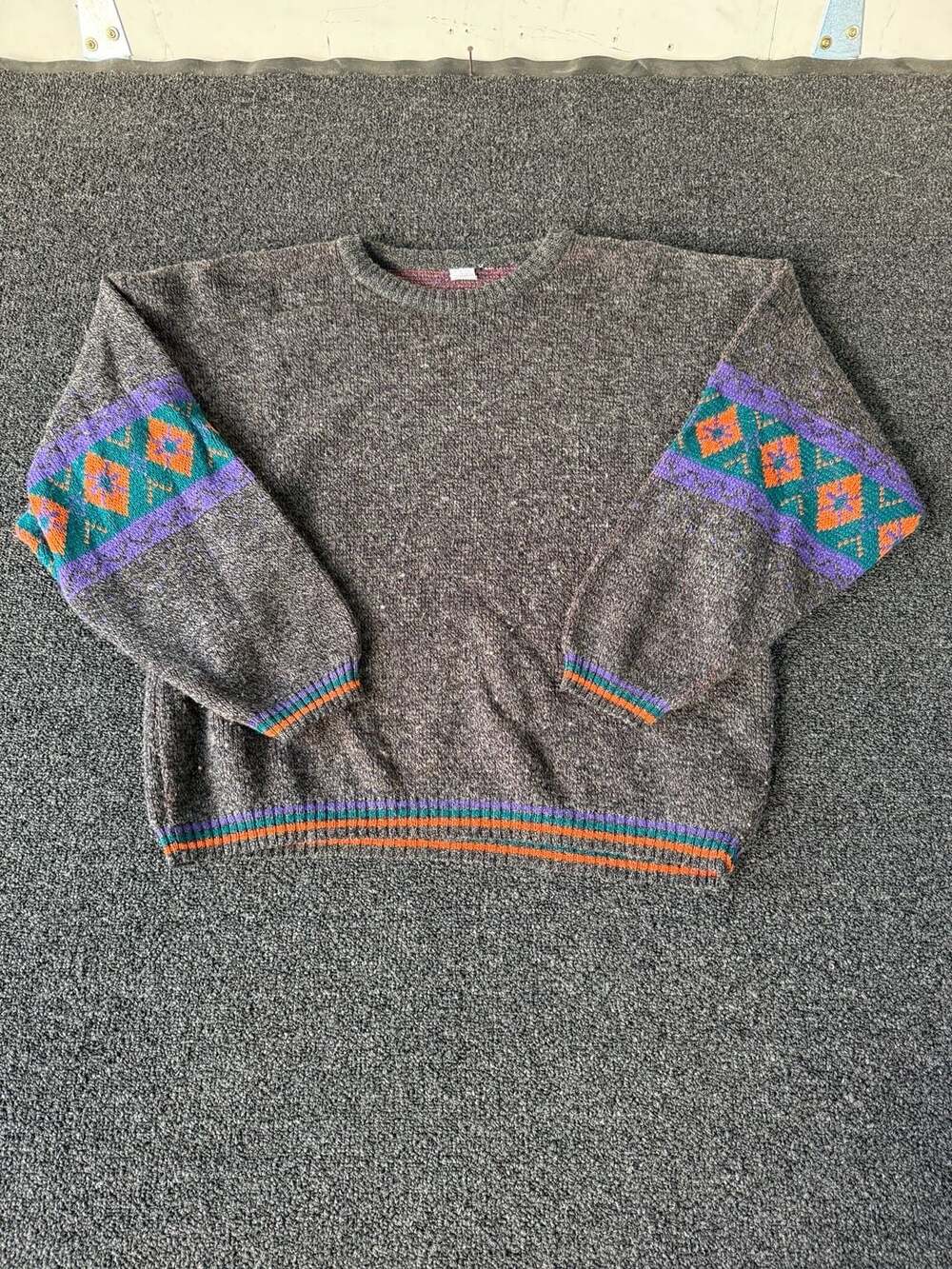 Vintage 90s Aztec Pattern Crewneck Sweater Gray Wool Blend
